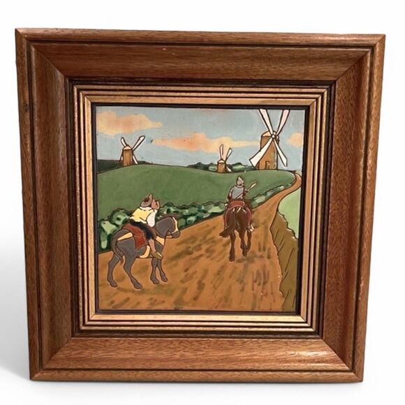 Antique Framed Don Quixote Sancho 8” Enameled Clay 8” Square Tiles Custom Framed - Picture 1 of 16